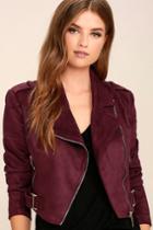 Lulus | Tree-lined Road Burgundy Suede Moto Jacket | Size Medium | Red | 100% Polyester | Vegan Friendly