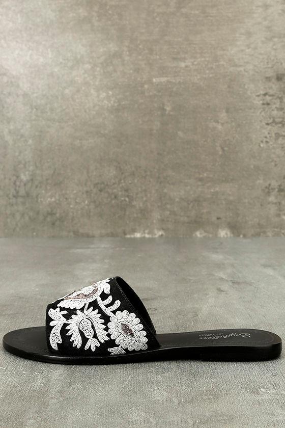 Seychelles | Under Control Black Leather Embroidered Slide Sandal Heels | Size 6.5 | Lulus