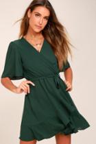 Lulus | Absolute Affection Forest Green Wrap Dress | Size Medium | 100% Polyester