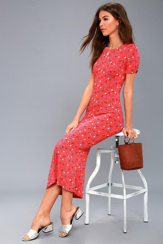 Free People Caroline Coral Red Floral Print Midi Dress | Lulus