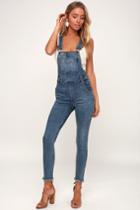 Rvca Foss Medium Wash High-waisted Distressed Denim Overalls | Lulus