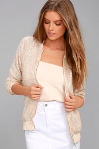 Lulus Rising Star Beige Sequin Bomber Jacket