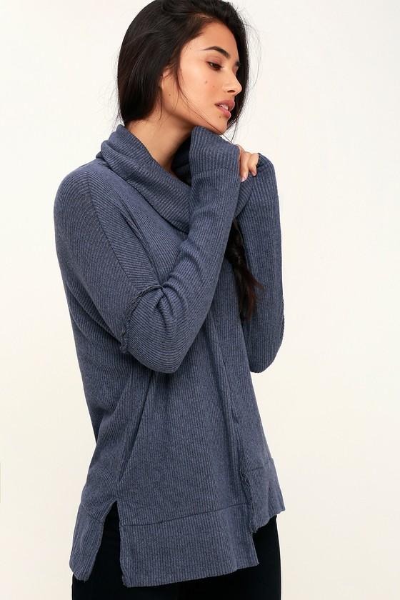 Olive + Oak Reese Washed Navy Blue Cowl Neck Sweater Top | Lulus
