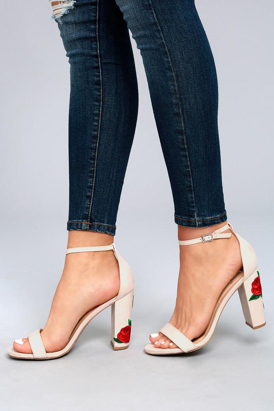 Wild Diva Lounge | Felora Nude Suede Embroidered Ankle Strap Heels | Size 5.5 | Beige | Vegan Friendly | Lulus