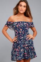 Lulus | My Favorite Navy Blue Floral Print Off-the-shoulder Dress | Size Large | 100% Polyester