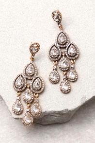 Lulus Reigning Beauty Gold Rhinestone Earrings