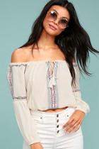 Lush Jude Cream Embroidered Off-the-shoulder Crop Top