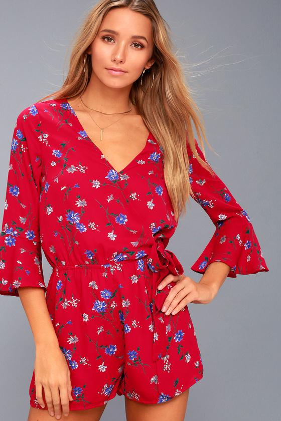 Bronwen Red Floral Print Flounce Sleeve Romper | Lulus