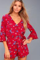 Bronwen Red Floral Print Flounce Sleeve Romper | Lulus