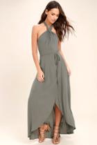 Lulus | Marisha Washed Olive Green Halter Wrap Dress | Size X-large | 100% Rayon