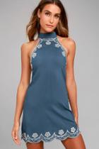 Lulus Roam On Denim Blue Embroidered Halter Dress