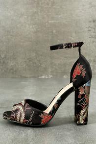 Wild Diva Avignon Black Embroidered Ankle Strap Heels