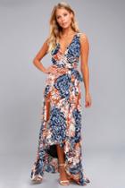 Lulus Desert Trip Rust Orange Floral Print High-low Wrap Dress