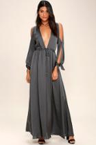 Lulus Owning It Charcoal Grey Satin Maxi Dress