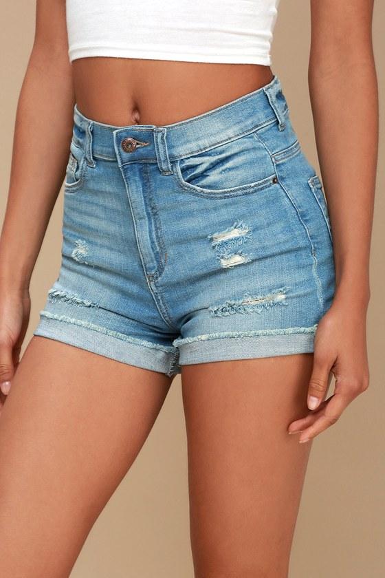 Sneak Peek Colton Medium Wash High-waisted Distressed Denim Shorts | Lulus