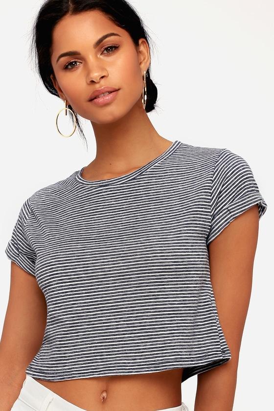 Trent Navy Blue Striped Cropped Tee | Lulus