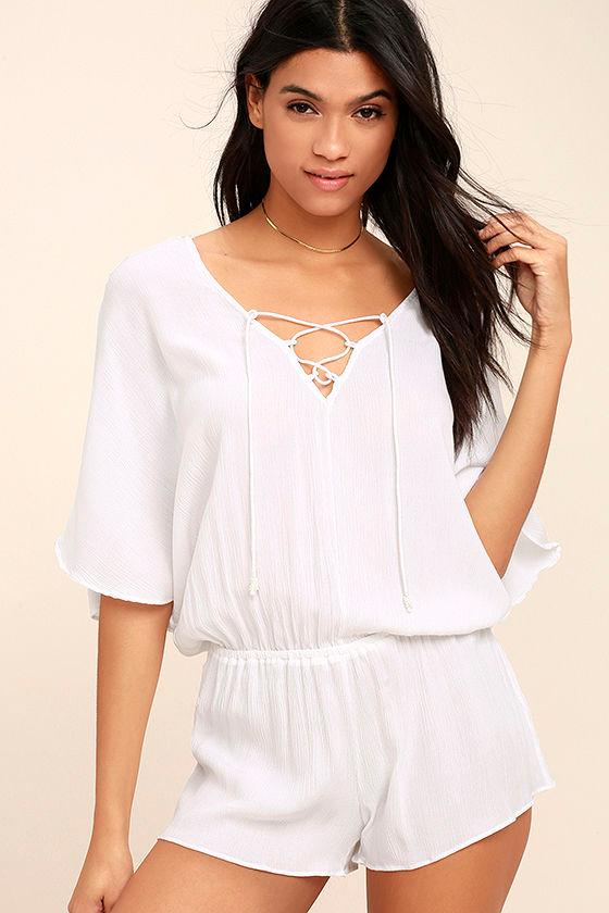 Tavik | Venise White Lace-up Romper | Size Small | Lulus