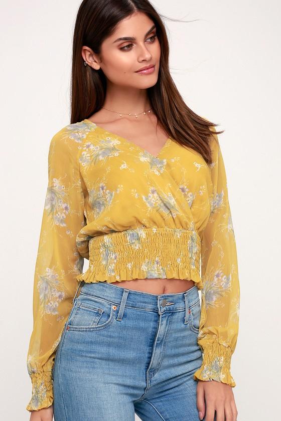 4si3nna Joni Mustard Yellow Floral Print Surplice Top | Lulus