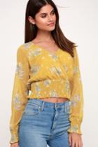 4si3nna Joni Mustard Yellow Floral Print Surplice Top | Lulus