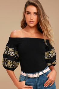 Free People Rock With It Black Embroidered Off-the-shoulder Top