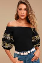 Free People Rock With It Black Embroidered Off-the-shoulder Top