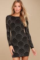 Lulus | It's My Night Gold And Black Print Long Sleeve Bodycon Dress | Size Medium | 100% Polyester