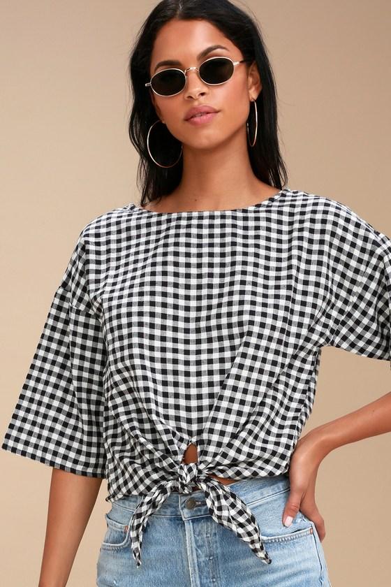 O'neill Sanara Black And White Gingham Tie-front Top | Lulus
