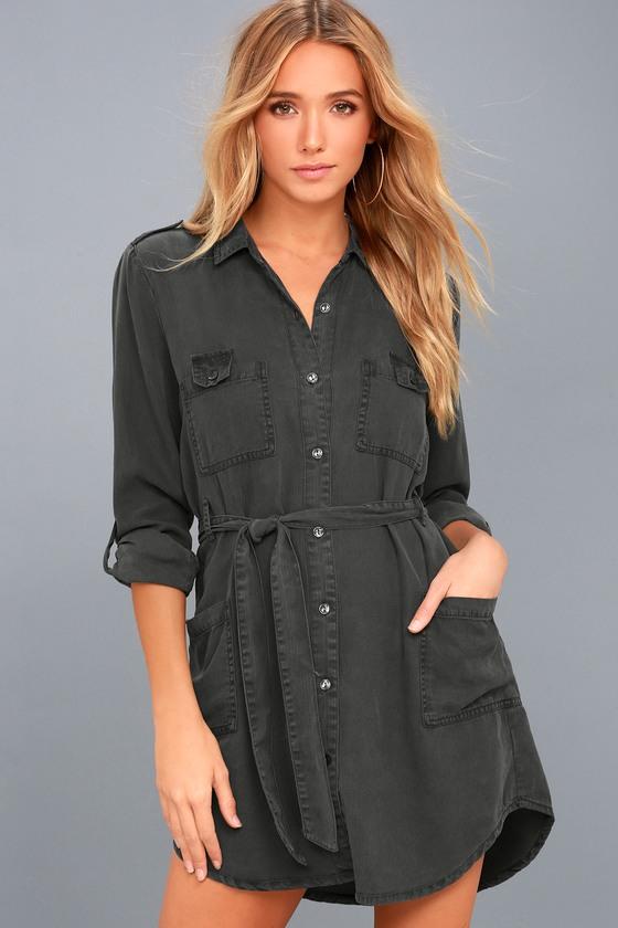 On The Road | Remy Charcoal Grey Long Sleeve Shirt Dress | Size X-small | Lulus