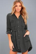 On The Road | Remy Charcoal Grey Long Sleeve Shirt Dress | Size X-small | Lulus