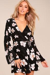 Lulus Bette Black Floral Print Long Sleeve Wrap Dress