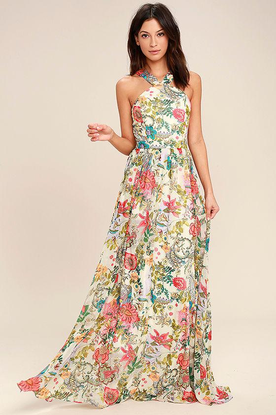 Cocolove | Lilja Cream Floral Print Maxi Dress | Size X-small | Beige | 100% Polyester | Lulus