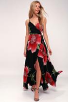 Blossoming Belle Black Floral Print Maxi Wrap Dress | Lulus