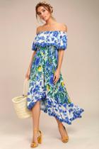 Lulus | Antigua Blue Floral Print Off-the-shoulder Dress | Size Large | 100% Rayon