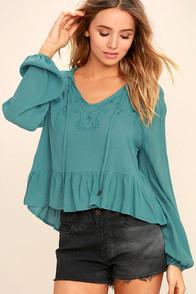 Lulus Island In The Sun Turquoise Blue Long Sleeve Embroidered Top