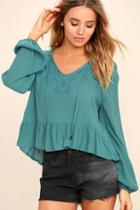 Lulus Island In The Sun Turquoise Blue Long Sleeve Embroidered Top