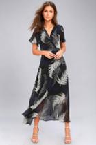 Lulus | Fern Canyon Black Print Midi Dress | Size Large | 100% Polyester