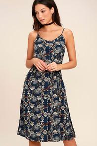 Lulus Fern Forest Navy Blue Floral Print Midi Dress