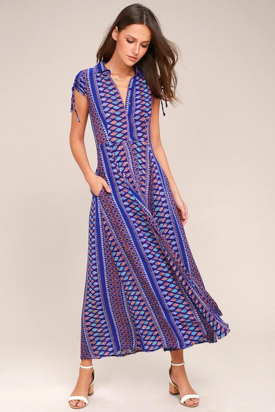Lulus | I'm Worth It Royal Blue Print Midi Dress | Size X-small | 100% Rayon