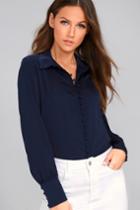 Lulus | Good For You Navy Blue Button-up Top | Size Medium | 100% Polyester