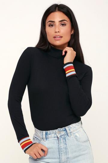 Lulus X Lush Hue And I Black Multi Long Sleeve Ribbed Mock Neck Top | Lulus