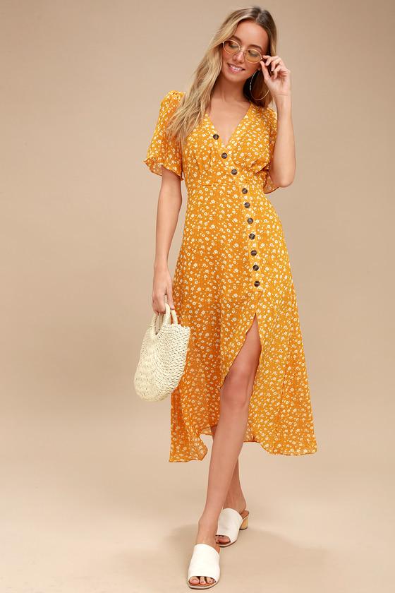 After-bloom Delight Golden Yellow Floral Print Midi Dress | Lulus