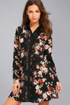 Re:named | Absolute Opulence Black Floral Print Long Sleeve Shirt Dress | Size Large | 100% Polyester | Lulus
