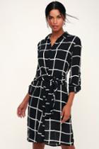 Taia Black And White Grid Print Tie-front Long Sleeve Midi Dress | Lulus