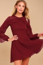 Lulus | Longtime Love Burgundy Long Sleeve Skater Dress | Size Large | Red | 100% Polyester