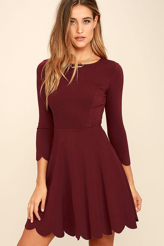Lulus | Cumulonimbus Clouds Burgundy Skater Dress | Size Large | Red