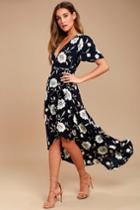 Lulus | Lake Como Navy Blue Floral Print High-low Wrap Dress | Size X-small | 100% Rayon