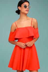 Lulus Waterfront Coral Red Off-the-shoulder Skater Dress