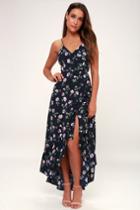 Gwendolyn Navy Blue Floral Print Ruffled Surplice Maxi Wrap Day Dress | Lulus