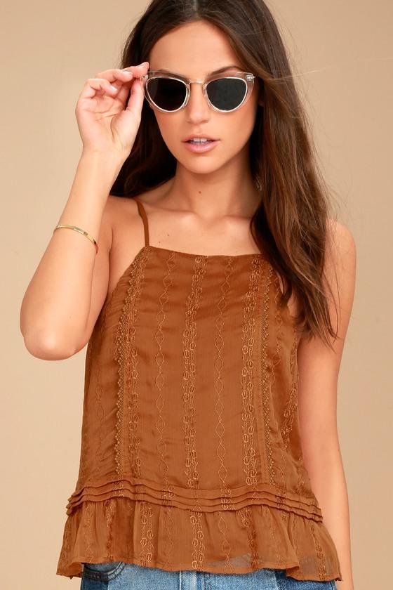 J.o.a. | Prairie Brown Embroidered Tank Top | Size Large | 100% Cotton | Lulus