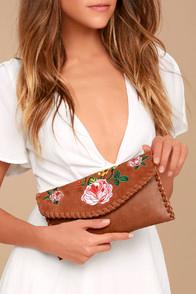 Lulus Wildflower Meadow Brown Suede Leather Embroidered Clutch